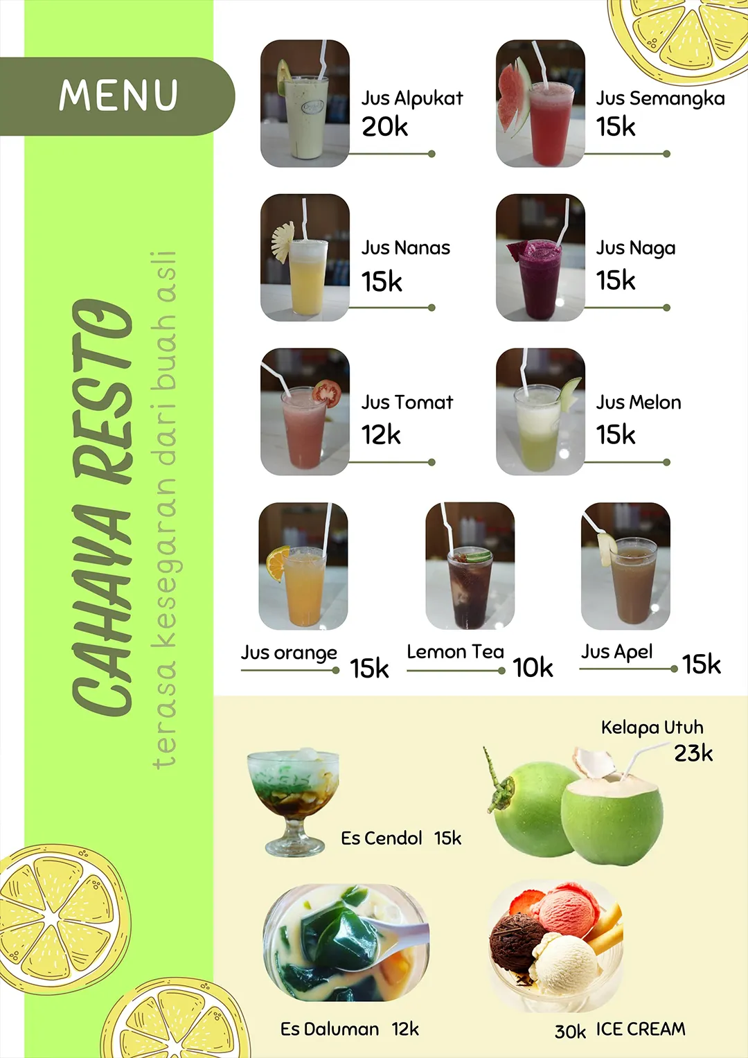 Minuman & Dessert Segar - Cahaya Resto Seafood Singaraja